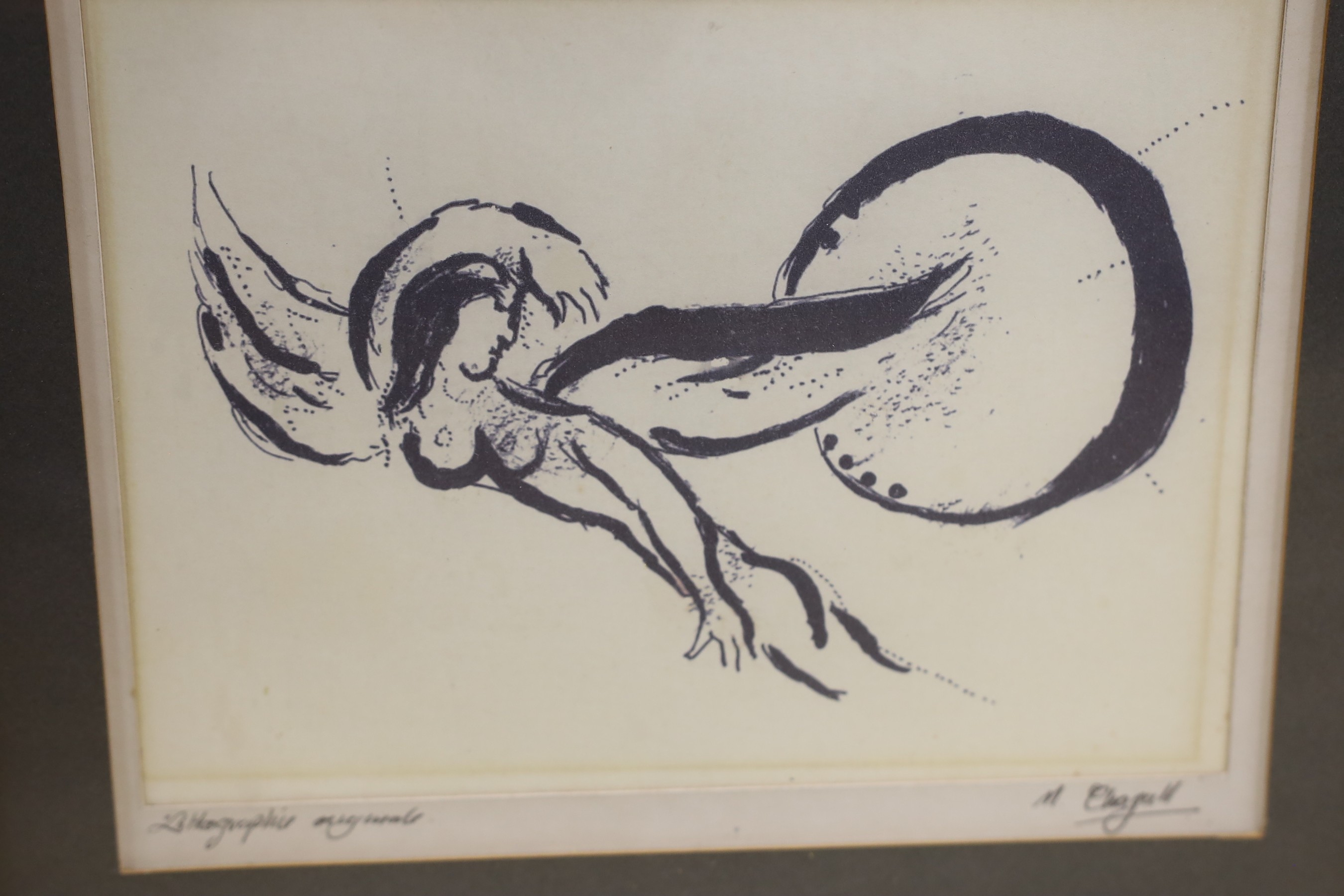 After Chagall, lithograph, Winged figure, inscribed on the mount, 12.5 x 18cm, a pen and ink sketch of figures and an etching of a reclining woman